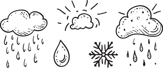 Hand Drawn Weather Icons Set Doodle Vector Illustration Rain Cloud Sun Snowflake Water Drop Forecast Meteorology Climate Change Rainfall Snowfall Sketch Drawing Black and White Graphic Design Element