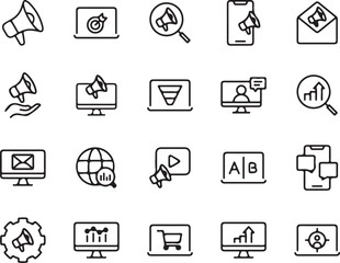 marketing, advertising, icons, vector, set, digital, online, promotion, social media, mobile, phone, email, computer, internet, network, communication, seo, analytics, target, audience, campaign, mega