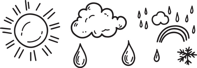 Hand Drawn Weather Icons Set Sun Cloud Rain Rainbow Snowflake Doodle Sketch Vector Illustration Climate Forecast Meteorology Symbols Isolated on White Background Graphic Element for Design Prints Web