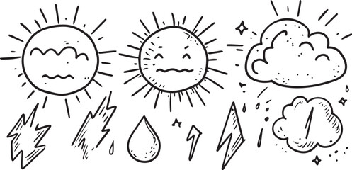 Hand Drawn Weather Doodle Icons Set Sun Cloud Rain Lightning Water Drop Forecast Meteorology Comic Sketch Vector Illustration Isolated Black and White Graphic Design Element for Kids Book Web Banner