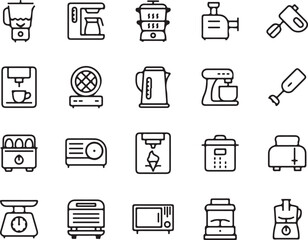 kitchen appliances, icons, vector, line art, illustration, cooking, food preparation, blender, coffee maker, steamer, juicer, hand mixer, espresso machine, waffle iron, electric kettle, stand mixer, i