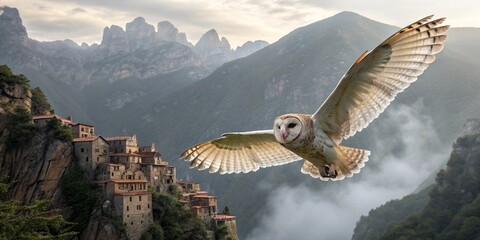 Giant owl with a village built on its back, flying over mountain peaks, magical realism
