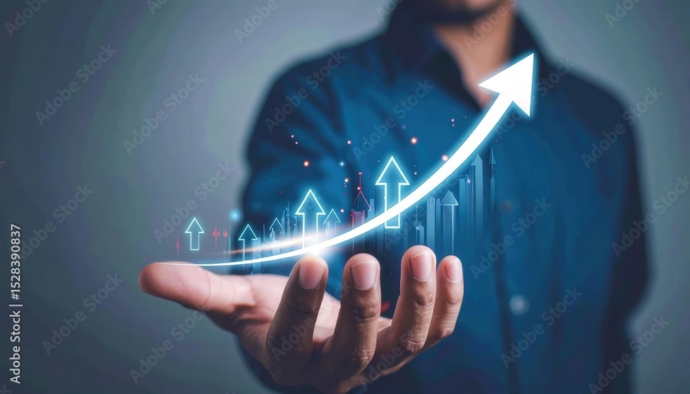 Poster glowing upward arrows on hand with dynamic curves and focused lines