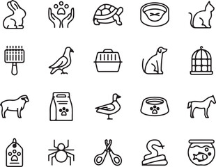 pets, animals, pet care, cat, dog, rabbit, bird, dove, turtle, snake, horse, fish, sheep, duck, pet food, cage, bowl, grooming, accessories, line art, outline, vector, illustration, icon, design