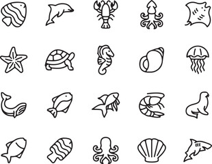 marine life, sea animals, ocean, creatures, fish, dolphin, lobster, squid, manta ray, starfish, turtle, seahorse, shell, jellyfish, whale, shrimp, seal, octopus, seashell, shark, outline, line art, ve