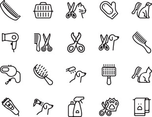 pet, grooming, care, pet care, dog, cat, grooming tools, scissors, comb, brush, leash, hairdryer, pet carrier, paw, towel, shampoo, line art, monochrome, vector, illustration, icon, set, collection, d