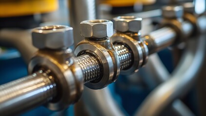 Fototapeta premium Close-Up of Stainless Steel and Brass Engines with Industrial Wires, Rubber Hoses, and Pipe Ties – Metallic Illustration Style