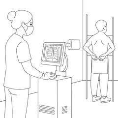 Line art illustration of a radiologic technologist operating X-ray machine while male patient prepares for chest scan. Diagnostic procedure in hospital setting