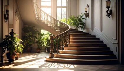 Sunlit Grand Staircase Interior.