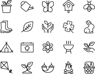 spring, summer, icons, outline, vector, set, collection, butterfly, bee, birdhouse, rabbit, clover, flower, leaf, plant, tent, calendar, barbecue, hand, kite, 