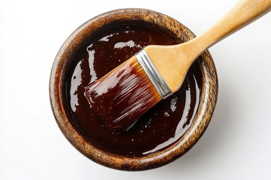 Overhead Close-Up of BBQ Sauce and Basting Brush &ndash; Minimalist Composition on Clean White Background