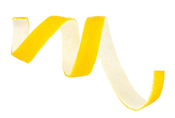 Fresh peel of ripe lemon fruit isolated on a white background. Twisted lemon skin.
