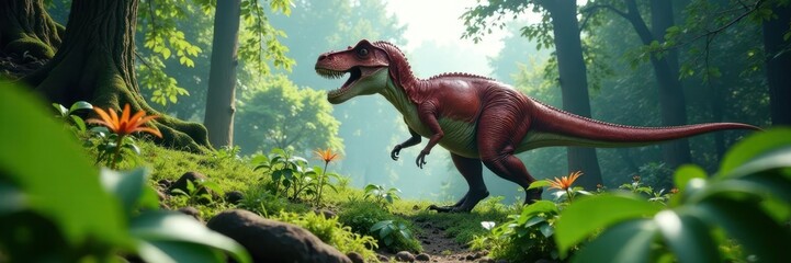 Massive theropod bursts from prehistoric ferns, green, wildlife, dark