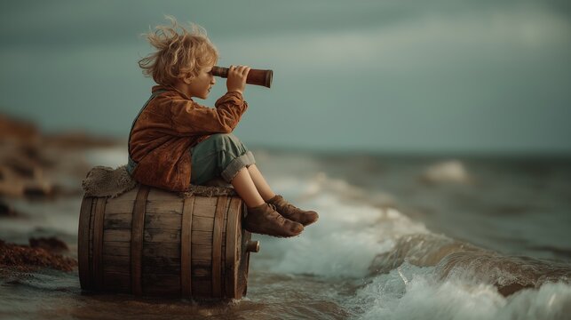 Curious child perched on a wooden barrel by the ocean, using a telescope to explore the horizon during a cloudy afternoon