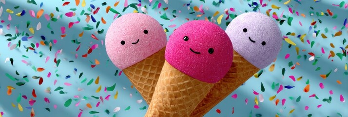 national ice cream day celebration, web banner with cute ice cream characters, vibrant colors, confetti and party elements celebrating national ice cream day in a flat illustration style