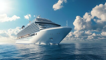 Luxury Cruise Ship Sailing on the Ocean &ndash; Blue Sky and White Clouds in the Background, Peaceful Maritime Scene