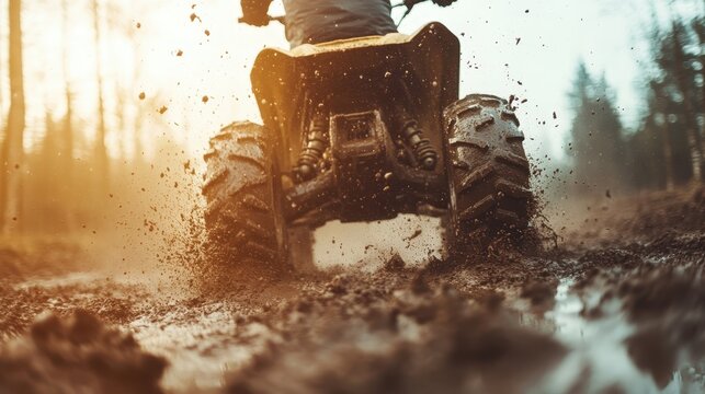 A close view of an all-terrain vehicle (ATV) kicking up dirt and mud on an adventurous ride through the forest, capturing the essence of excitement and exploration in nature.