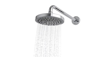 Chrome shower head with water flowing.