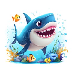 Humorous Shark Interacting with Various Sea Creatures in a Vibrant Underwater Scene