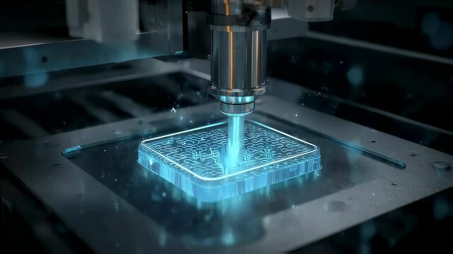 Precision industrial laser engraving machine creating intricate microchip circuit board pattern with vibrant blue illumination and dynamic floating particles during advanced manufacturing process
