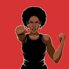 Black Woman Standing Strong with a Fist Raised. Vector Illustration