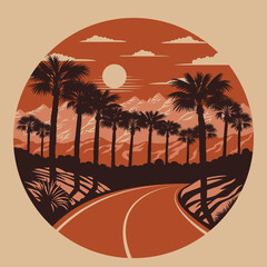 California landscape with road and palm trees against the background of the mountains. Vector Illustration