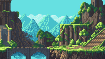 Summer Fantasy Pixel Art Landscape game level background with bridge and destroyed castle in mountains. Vector Illustration