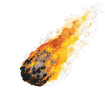 A burning asteroid falling from the sky, white background, png, transparent