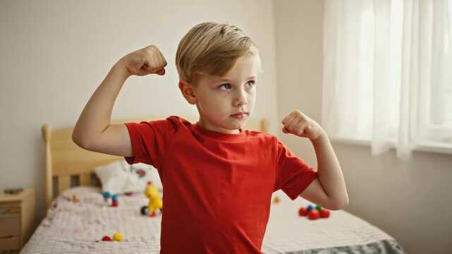 A young boy in a red shirt is flexing his muscles