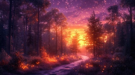 Mystical forest path at sunset, glowing with ethereal light