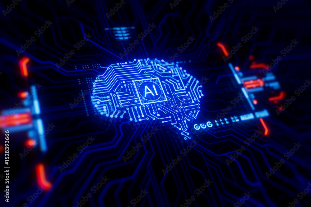 Poster glowing blue circuit board shaped like a human brain with ai chip at the center. futuristic concept 