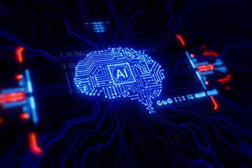 Glowing blue circuit board shaped like a human brain with AI chip at the center. Futuristic concept of artificial intelligence, machine learning, and digital neural networks.