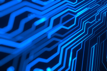 Abstract glowing blue circuit lines on a dark background. Futuristic digital pattern representing technology, connectivity, and modern electronics design.
