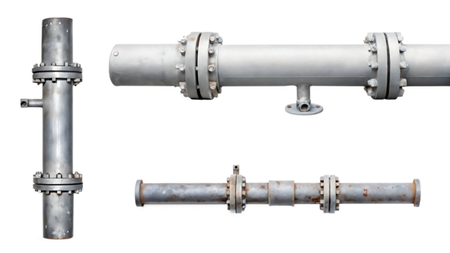 Industrial metal pipes and flanges isolated on a white background