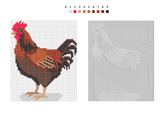Rooster Pixel Art Coloring Book By Numbers In Squares. Vector Illustration