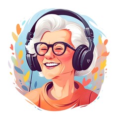 Joyful senior woman listening to music with headphones, enjoying audio entertainment