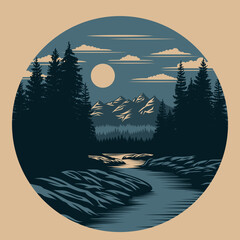 Idaho landscape with a river, forest and mountains. Vector Illustration