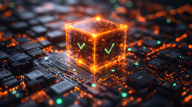 Glowing Cube with Checkmarks on Circuit Board - Digital Security and Technology Concept