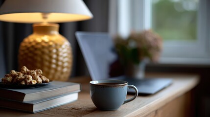 cozy study space, cozy study nook with an open laptop, books, and snacks, illuminated by warm lamp light for an authentic and slightly cluttered vibe