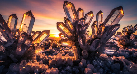 A cluster of crystals illuminated by the setting sun in the horizon