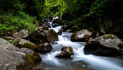 Obraz premium Forest stream with flowing water, and rocks.