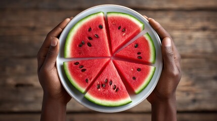 Symmetrical watermelon presentation on rustic wooden table