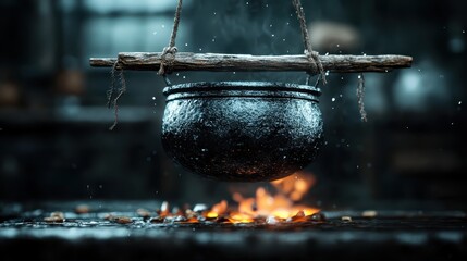 A vintage cauldron suspended above a vibrant fire, capturing the essence of rustic cooking traditions and the mesmerizing interplay of light and shadow in a cozy setting.