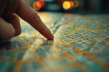 Naklejka premium Macro view of a map with a traveler s finger indicating their chosen route for exploration