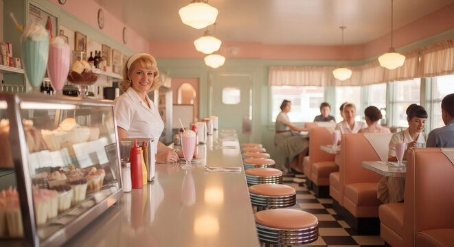 Waitress smiling in a retro diner with customers in the background - Powered by Adobe