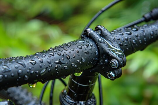macro of raindrops on bicycle handlebar