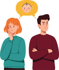 Obraz premium Couple facing relationship conflict thinking about baby concerns in modern family planning vector illustration 