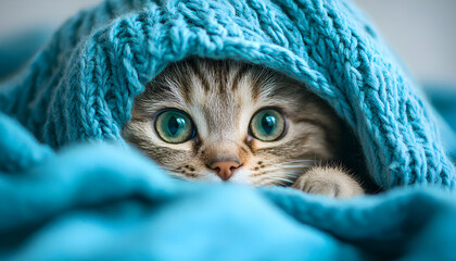 A cat is hiding under a blanket