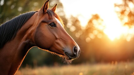 Obraz premium A stunning close-up of a brown horse's profile capturing its gentle and noble features in the warm glow of sunset, depicting the beauty and grace of nature.