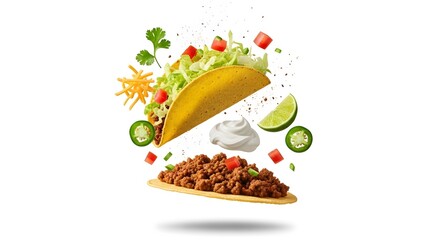 Mexican Taco Ingredients Deconstructed Food Photography Commercial  isolated on white backgrund 